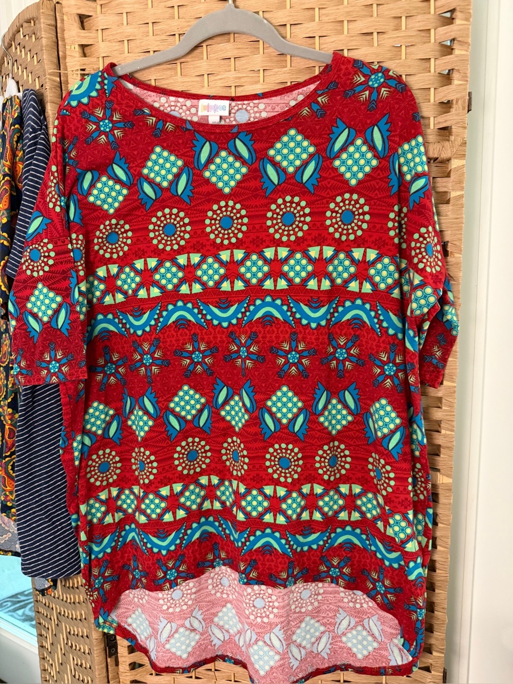 Lula Roe Colorful Patterned Tunic Top - Red, Turquoise & Lime medium
